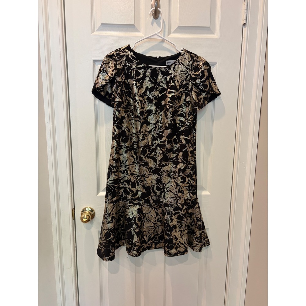 Shelby & Palmer Dress 6 Black Gold Metallic Floral Mini Ruffle Cocktail Feminine